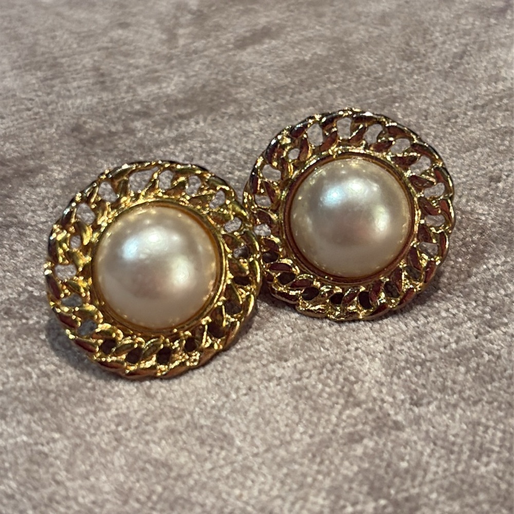 Vintage Gold Pearl Chain-link Earrings 1990s Post Back